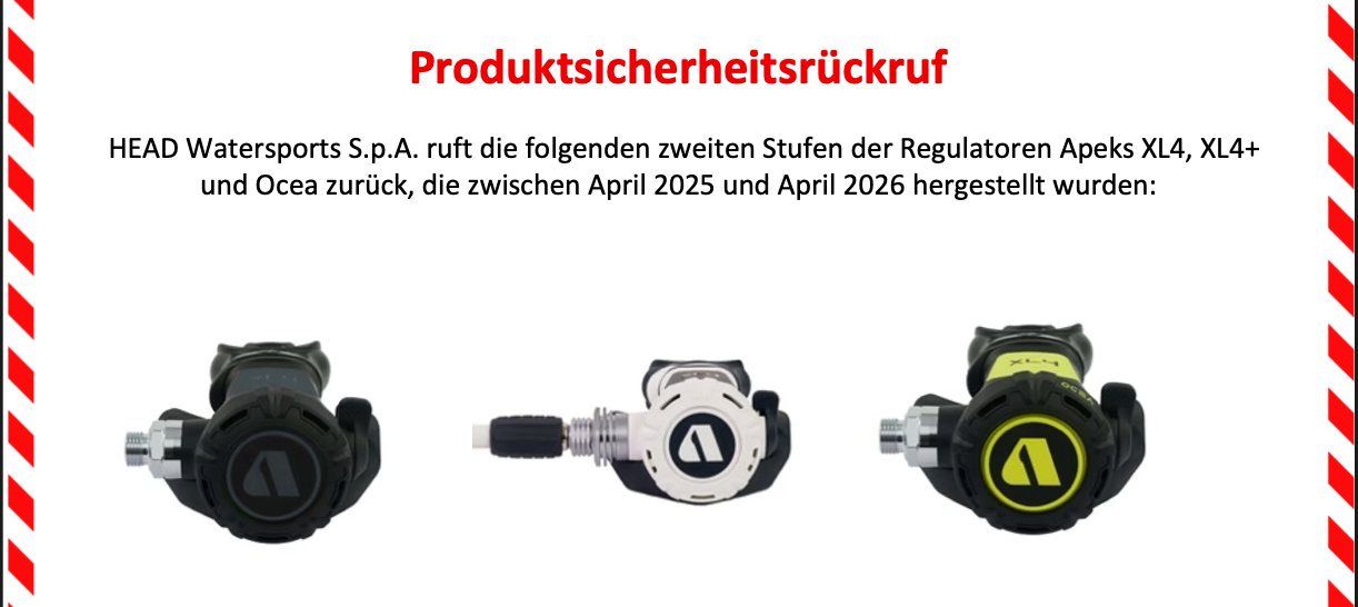 Apeks XL4 Regler R&uuml;ckruf Sicherheitshinweis