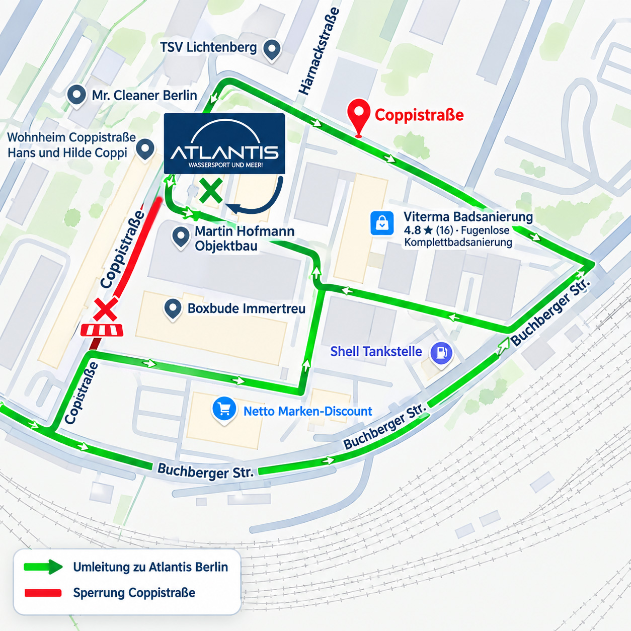 Karte: Sperrung der Coppistraße und Zufahrten zu Atlantis Berlin