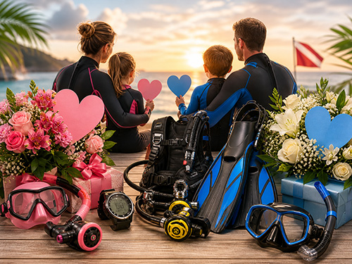 Mama und Papa mit Kindern und Tauchausrüstung